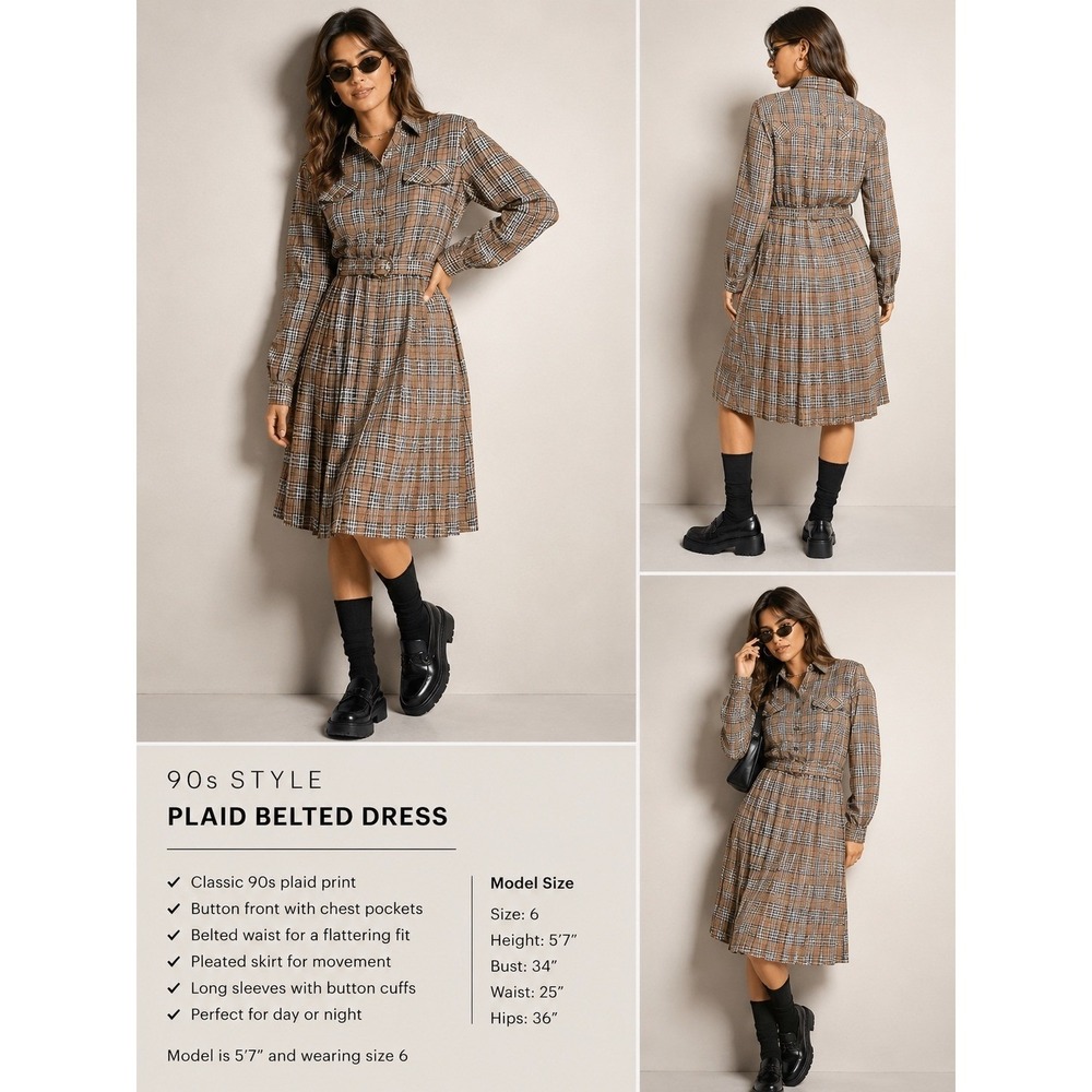 Leslie Fay Plaid Belted Shirtdress Womens 16 Tan Black Good 90s Vintage Pleated